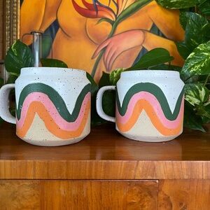 ANTHROPOLOGIE Commune Pottery Rainbow Mugs Hand painted Stoneware 22 oz